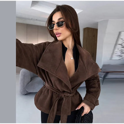 Elegant Suede Women Jacket Turn Down Collar Double Breasted Belt Waist Slim Jackets 2026 Autumn Winter Female Fashion Tops