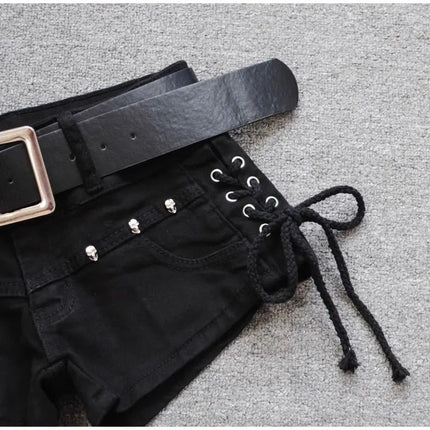 Korean Low Rise Denim Shorts 2024 - Riveted Lace Up Bodycon Black Hot Pants Vintage Cheeky Booty Summer TikTok Y2K Outfit PlatiNum