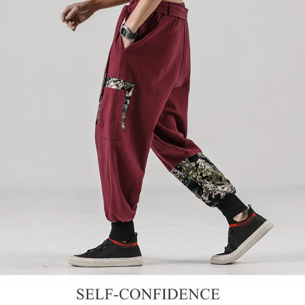 Pantaloni da uomo Costume da samurai giapponese Ukiyo-e Cintura con stampa Pantaloni stile harem da uomo in cotone e lino Pantaloni casual Harajuku da uomo Taglie forti 5XL