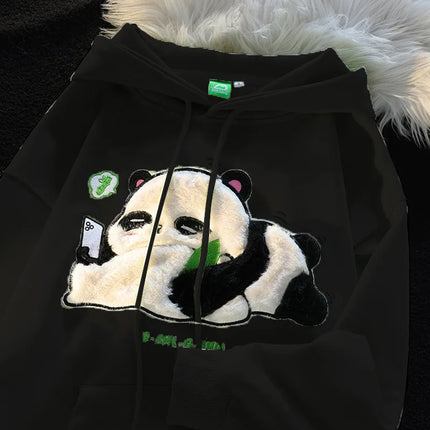 Winter Thicken Hoodies Chinese Flocking Embroidery Kawaii Cartoon Panda Hooded Sweatshirt Couple Matching Cute Fleece Pullovers