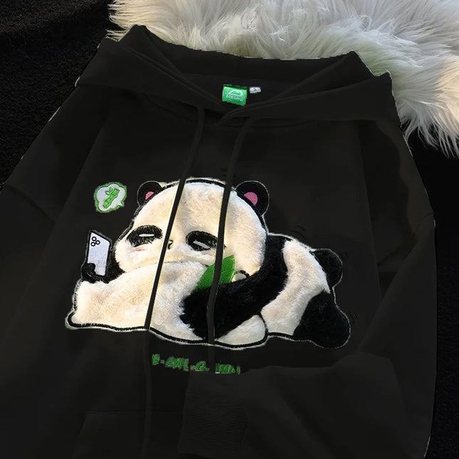 Winter Thicken Hoodies Chinese Flocking Embroidery Kawaii Cartoon Panda Hooded Sweatshirt Couple Matching Cute Fleece Pullovers