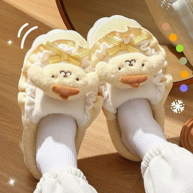 Women Cute Cartoon Plush Slippers Ruffled Lace Bow Warm Fuzzy Thick Non-Slip Sole Winter Indoor Bedroom Cozy House Shoes Girls