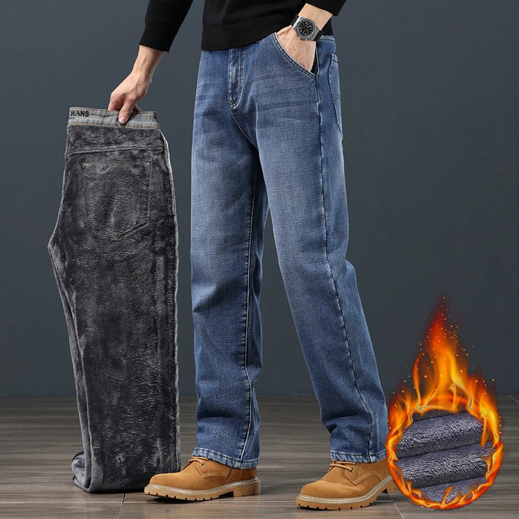Winter Fleece Classic Loose Straight Men Jeans Warm Thicken Trousers Business Casual Velvet Elastic Denim Pants Plus Size 42 44