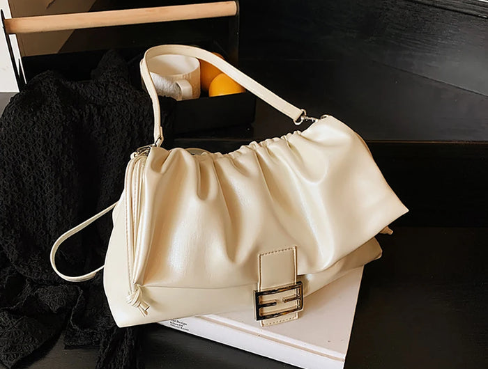 Women's Large Capacity Casual Single Shoulder Bag Soft Leather Cloud Pleated Drawstring Tote Bag Fashion Versatile Underarm Bag