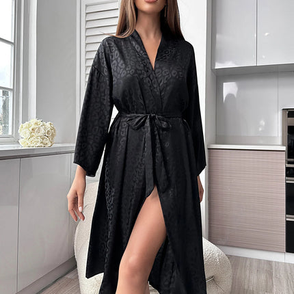 Vestaglia da notte con stampa leopardata, manica lunga, scollo a V, con cintura, pigiama da donna