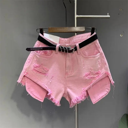 New style ripped denim shorts with frayed washed pockets and wide legs