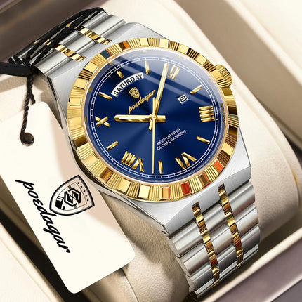 POEDAGAR Fashion Male Clock Luminous Waterproof Week Date Creative Men Watch Stainless Steel Quartz Business Men's Watches Reloj