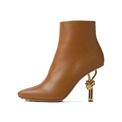 Stivali con tacco a forma di nodo in metallo da donna di nuovo arrivo Stivali con tacco alto alla caviglia Stivali eleganti con tacco a punta quadrata con cerniera laterale da ufficio