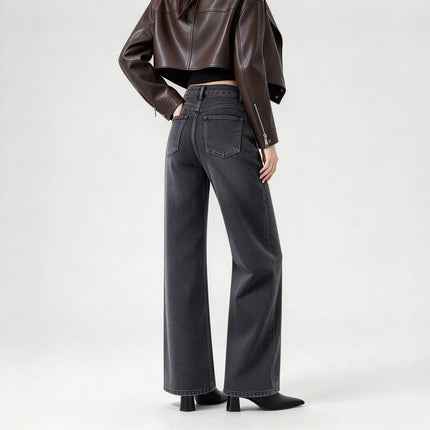 Women’s high-waisted, wide-leg jeans in smoky grey with a uniform wash; elegant, minimalist, relaxed-fit wide-leg denim, suitable for casual office wear and everyday outings FX-1338-5