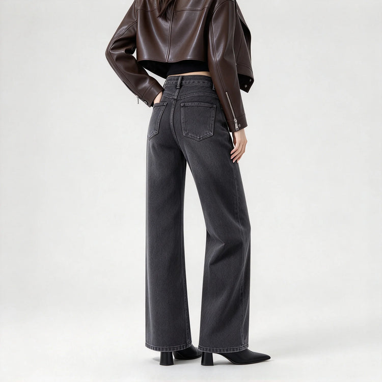 Women’s high-waisted, wide-leg jeans in smoky grey with a uniform wash; elegant, minimalist, relaxed-fit wide-leg denim, suitable for casual office wear and everyday outings FX-1338-5