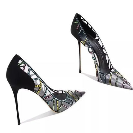 Scarpe da Donna Nere con Tacco a Spillo a Punta, Nuove 2026, con Strass Multicolore Trasparenti, Design di Nicchia platinumshop