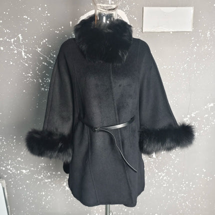 UCXQ Korean Style Two Sided Cloak Overcoat For Women Fur Collars Belt Loose Long Coats 2025 Winter New 23Z2284