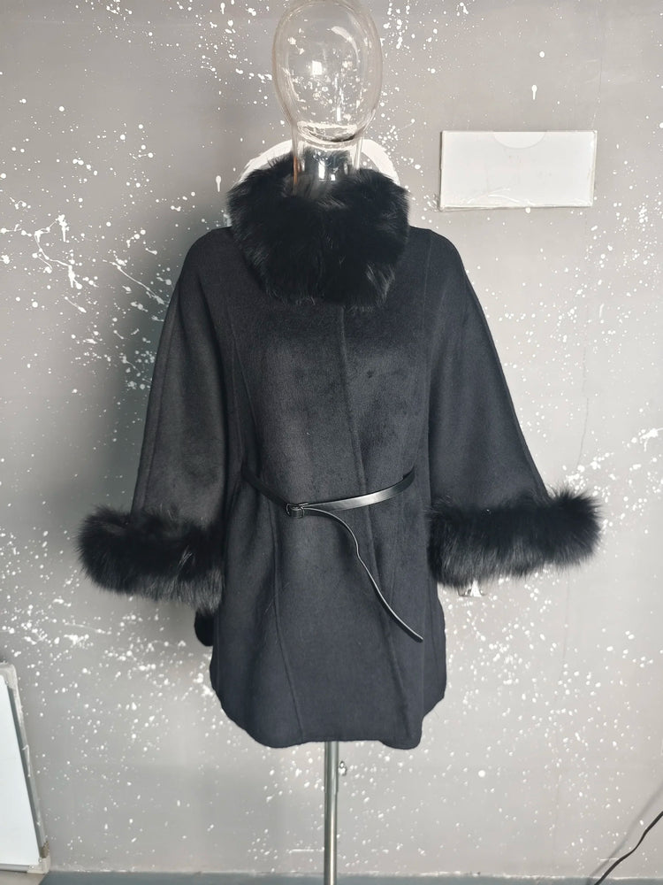 UCXQ Korean Style Two Sided Cloak Overcoat For Women Fur Collars Belt Loose Long Coats 2025 Winter New 23Z2284