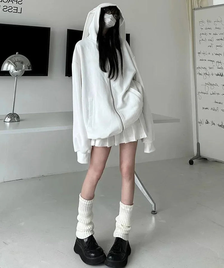 2026 Autumn Kawaii Bunny Big Extra Ears Hoodie Long Sleeve Hooded Sweatshirt Y2K Style Fashion Rabbit Oversized Zip-up Hoodies