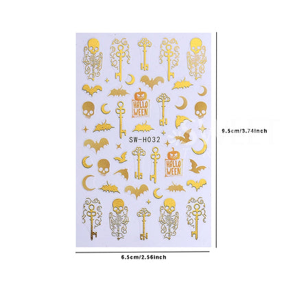 3pcs Halloween Nail Stickers Golden Skeleton Pumpkin Bat Key Nail Decal y2k Star Punk Gothic Nail Supplies Manicure Decoration