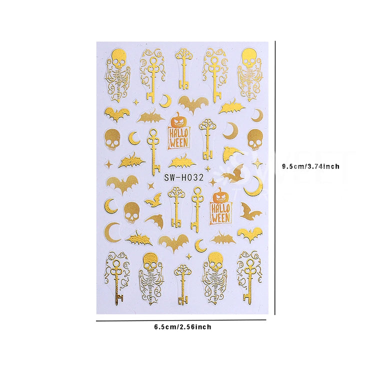 3pcs Halloween Nail Stickers Golden Skeleton Pumpkin Bat Key Nail Decal y2k Star Punk Gothic Nail Supplies Manicure Decoration