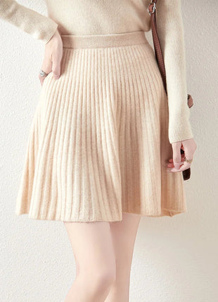Preppy Style women's 100% Merino Wool Skirts Autumn Winter Pleated Skirt Cashmere Knitwear Short A-Line Above Knee Skirt PlatiNum