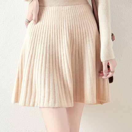 Preppy Style women's 100% Merino Wool Skirts Autumn Winter Pleated Skirt Cashmere Knitwear Short A-Line Above Knee Skirt PlatiNum