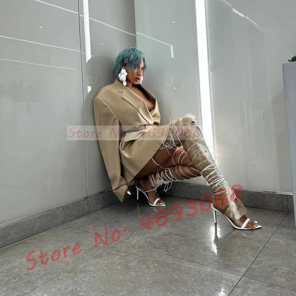 Fur Hide Lace Up Over Knee Sandals Women Wild Sexy Cross Tied High Heels Puttee Shoes Ladies Cutout Party Pointy Long Sandals