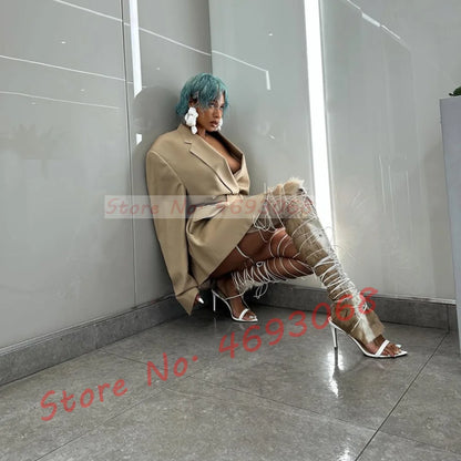 Fur Hide Lace Up Over Knee Sandals Women Wild Sexy Cross Tied High Heels Puttee Shoes Ladies Cutout Party Pointy Long Sandals