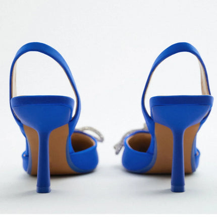 Décolleté blu Slingback da donna tacchi alti Crystal Bowknot Party Dress Shoes donna Sexy sandali con tacco a spillo a punta estate 2024
