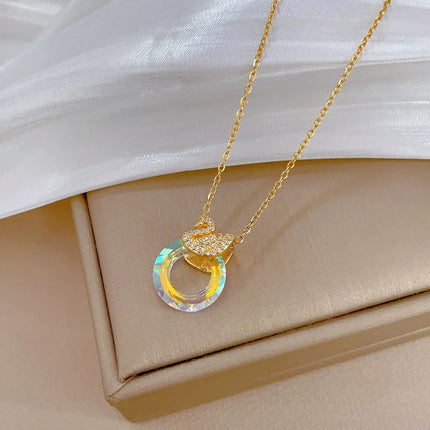 EILIECK 316L Stainless Steel Shine Cubic Zirconia Swan Pendant Necklace Gold Color Texture Metal Personalized Jewelry Neck Chain PlatiNum