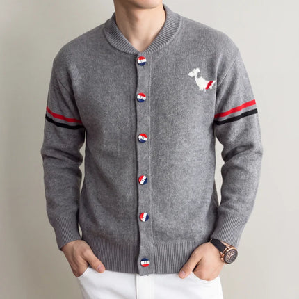 Fashion Men's Knit Cardigan High-End Brand Cartoon Dog Print Design Autumn Winter New Classic Striped Korean Casual Sweater Coat