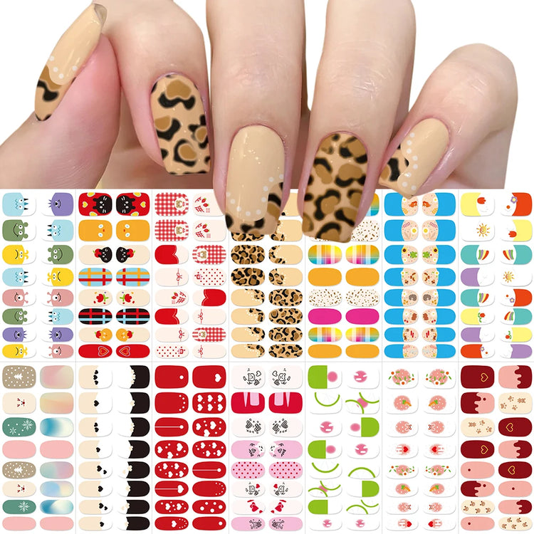 16Tips Semi Cured Leopard Print Gel Nail Stickers Chic Maillard Color Nail Strips Patch Self-adhesive UV Lamp Need Press On Nail