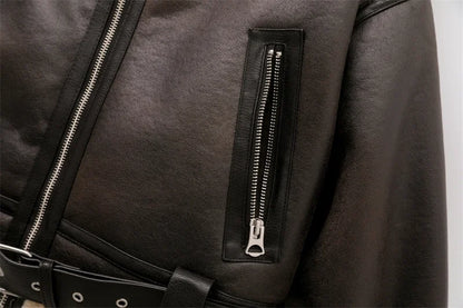 2024 New Woman's Fashion Thick Warm Faux Shearling Jacket Coat Vintage Long Sleeve Belt Hem Female Outerw