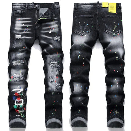 New Fashion Men Black Ripped Denim Jeans talian High Street Style Denim Pants High Quality Male Slim Fit Denim Trousers Size 38 PlatiNum