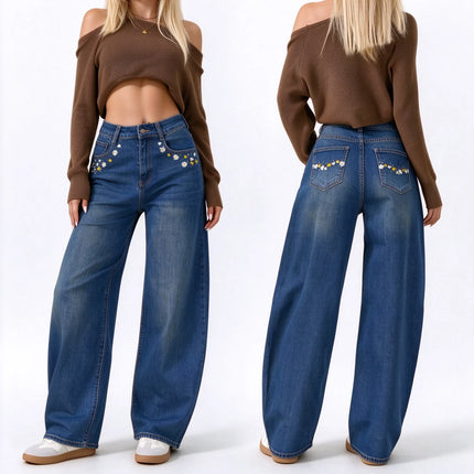 Women’s High-Waisted, Wide-Leg Jeans with Daisy Embroidery on the Pockets, Vintage Blue Denim with Faded Wash, Soft Casual Trousers for Everyday Wear  JF-593