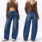 Women’s High-Waisted, Wide-Leg Jeans with Daisy Embroidery on the Pockets, Vintage Blue Denim with Faded Wash, Soft Casual Trousers for Everyday Wear  JF-593