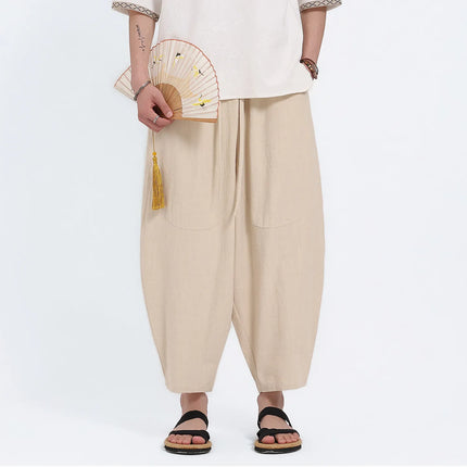 Pantaloni Harem in Cotone e Lino da Uomo, Casual, Traspiranti, Comodi, Estivi, Lunghezza al Polpaccio, Taglie Forti fino a 5XL