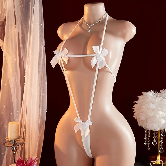 Ladies sexy lingerie, lace-up bow bra, hot style bodysuit, lace-up thong, sexy bow lingerie set, ladies backless