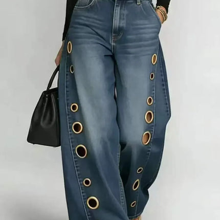 Jeans da Donna a Gamba Larga, Vita Media, con Dettagli Traforati, Effetto Vintage, Stile High Street, Eleganti, da Lavoro, Casual, Pantaloni Dritti