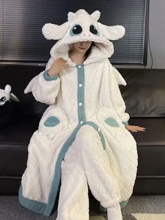 Anime Toothless Boy and Girl Winter Pajama Robe Kawaii Y2K Role-Playing Birthday Gift Thick Coral Velvet Warm Home Clothes Set