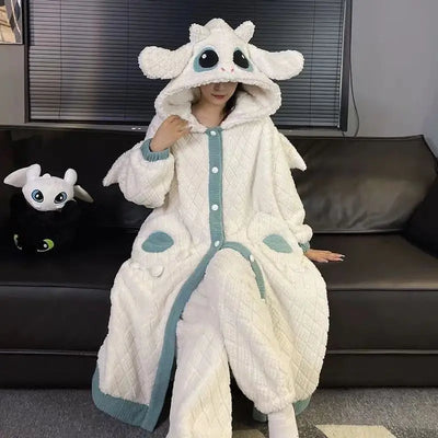 Anime Toothless Boy and Girl Winter Pajama Robe Kawaii Y2K Role-Playing Birthday Gift Thick Coral Velvet Warm Home Clothes Set