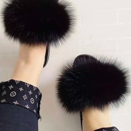 Real Raccoon Fur Slippers for Women 2023 Summer Fluffy Indoor Home Fuzzy Flat Slides Outdoor Fashion Beach Sandals Flip Flops
