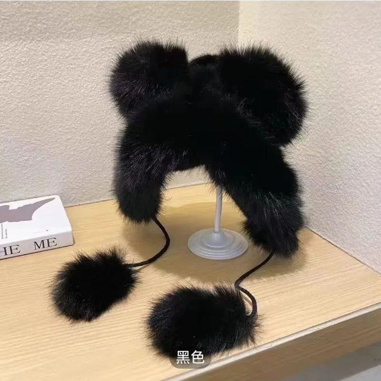Winter  New Women's Plush Cute Bear Ear Hat ,Thicken and Warm Ear Protection Wind and Snow Hat  Plush Little Bear Lei Feng Hat