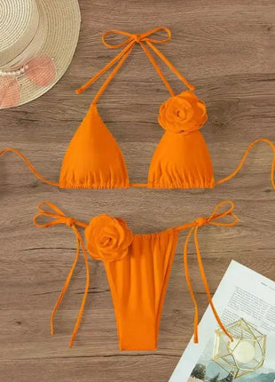 Bikini Sexy con Fiori 3D e Lacci Sulla Schiena, Costume da Bagno Femminile Due Pezzi, Set Bikini, Abbigliamento da Spiaggia, Taglie S-L PlatiNum