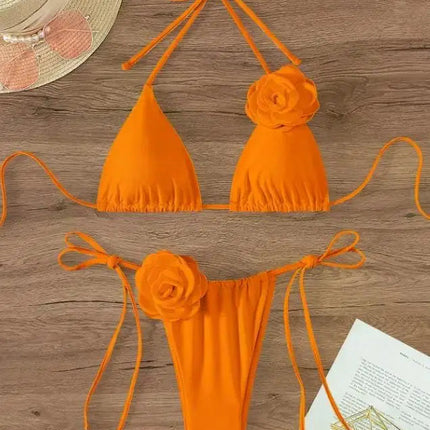 Bikini Sexy con Fiori 3D e Lacci Sulla Schiena, Costume da Bagno Femminile Due Pezzi, Set Bikini, Abbigliamento da Spiaggia, Taglie S-L PlatiNum