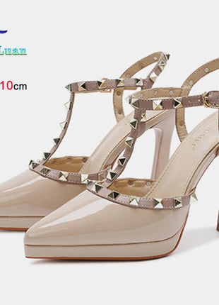 Scarpe con tacco sexy con rivetti Sandali con tacco alto da 10 cm Sandali con tacco alto da sera Sandali con tacco a spillo color nudo semplici con punta a punta platinumshop