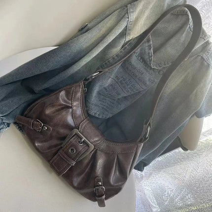 Y2K Vintage Distressed Leather Women Bag Shoulder Bag Maillard Style Underarm Purse Two Tone Crossbody Bag for Women PlatiNum