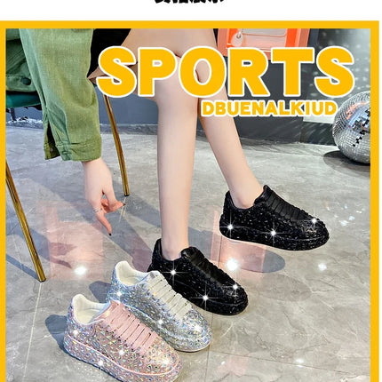 2025 Autumn Leather Women Shoes New Style Fashion Platform Shoes Ins Platforms Sneakers Tide Shine Bling Rhinestone Shoes