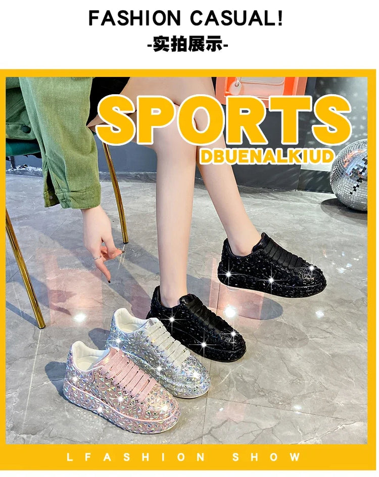 2025 Autumn Leather Women Shoes New Style Fashion Platform Shoes Ins Platforms Sneakers Tide Shine Bling Rhinestone Shoes