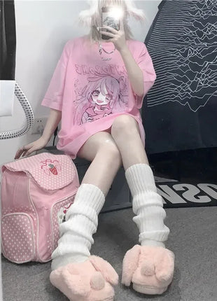 Primavera estate nuova versione coreana Harajuku Pink Cute Anime Cartoon Girl stampa t-shirt a maniche corte allentata studentessa superiore