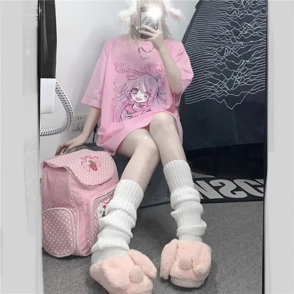 Printemps été Nouvelle version coréenne Harajuku Rose Mignon Anime Cartoon Fille T-shirt à manches courtes ample étudiant haut
