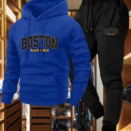 2-Piece Men's Casual Hooded Sweatshirt and Sweatpants Set - Los Angeles Letter Print Men's Outdoor Sports Set with Hooded Long S PlatiNum