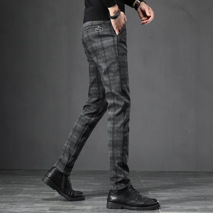 Spring Autumn Men's Korean Casual Pants Slim Straight Brushed Plaid Stretch Fashion Man Pants Office Social Business Trousers