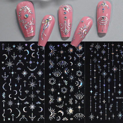 12Pcs 3D Laser Silver Star Ribbon Nail Stickers Y2K Stars Moon Sun Self-Adhesive Slider Exquisite Flower Leaf DIY Manicure Decal